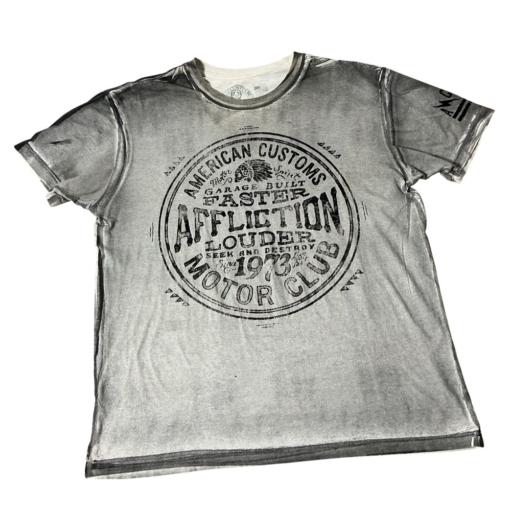 Affliction American Customs Biker Graphic Tee Mens XL Grey Acid Wash Distressed